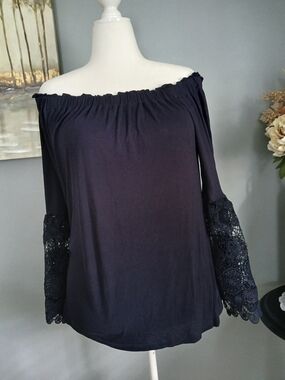 LOFT Navy Off-Shoulder Top with Crochet Bell Sleeves